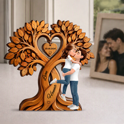 Kissing Couple Under Heart Tree Wooden Plaque