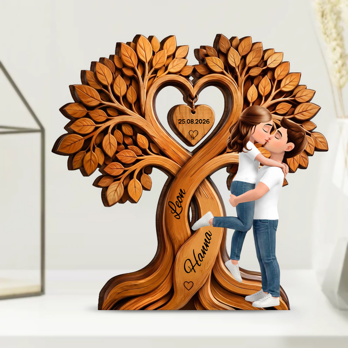 Kissing Couple Under Heart Tree Wooden Plaque