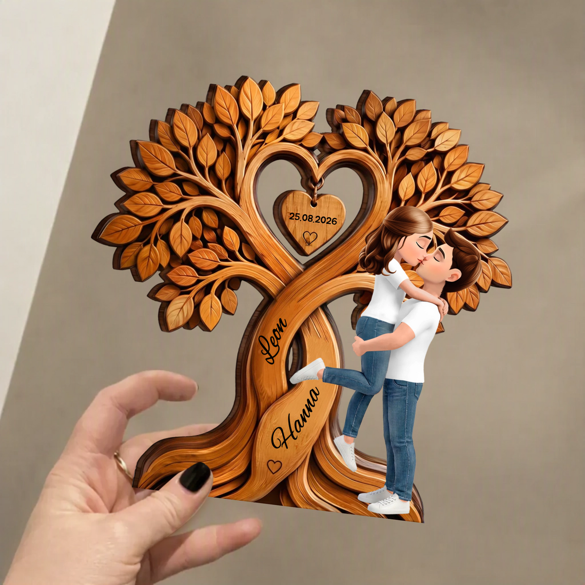 Kissing Couple Under Heart Tree Wooden Plaque