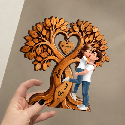 Kissing Couple Under Heart Tree Wooden Plaque