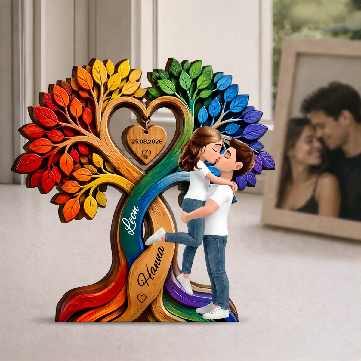 Kissing Couple Under Heart Tree Wooden Plaque
